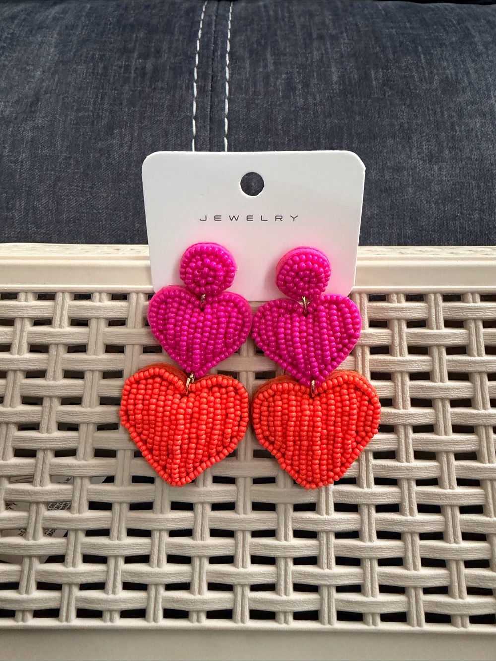 Beaded Heart Drop Earrings - Pink & Orange